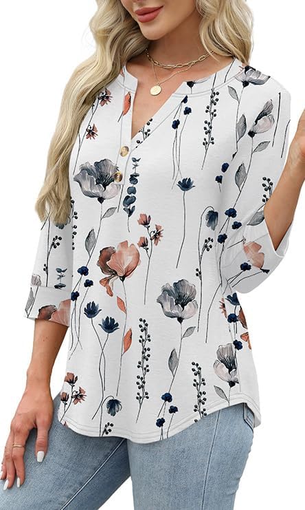 OFEEFAN Womens Tops 3/4 Sleeve Henley Shirts for Women Summer Outfits Fashion Clothing