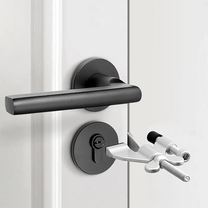 INIRET Silvery Adjustable Heavy Duty Portable Door Lock,Security Device for Enhanced Safety,for Home,Travel,Hotels,Apartments Prevents Unauthorized Entry,No Drill,Silicone Protector Caps Included