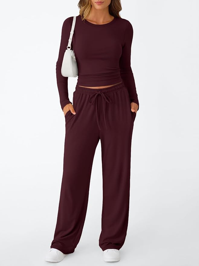 Trendy Queen Women's 2 Piece Matching Lounge Set Long Sleeve Side Ruching Top Wide Leg Drawstring Pants Set with Pockets