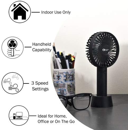 Comfort Zone Personal Handheld Rechargeable Fan, 4 inch, 3 Speed, Lithium Ion Battery, Micro USB Cable, Powerful, Mini Hand Fan, Ideal for Home, Bedroom & Office, CZPF402BK