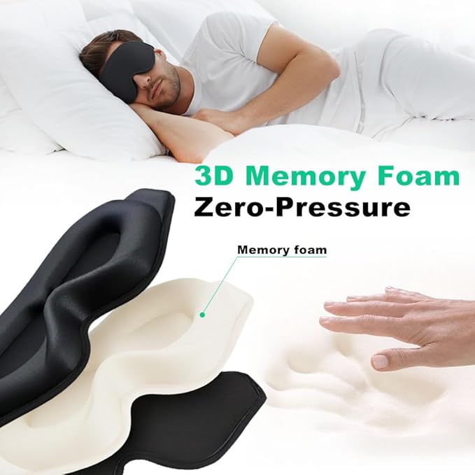 3D Contoured Sleep Eye mask Side Sleeper Men Women Zero Eye Pressure high Density Memory Foam Soft Breathable Light Blocking Night Blindfold Travel Yoga Napping Black