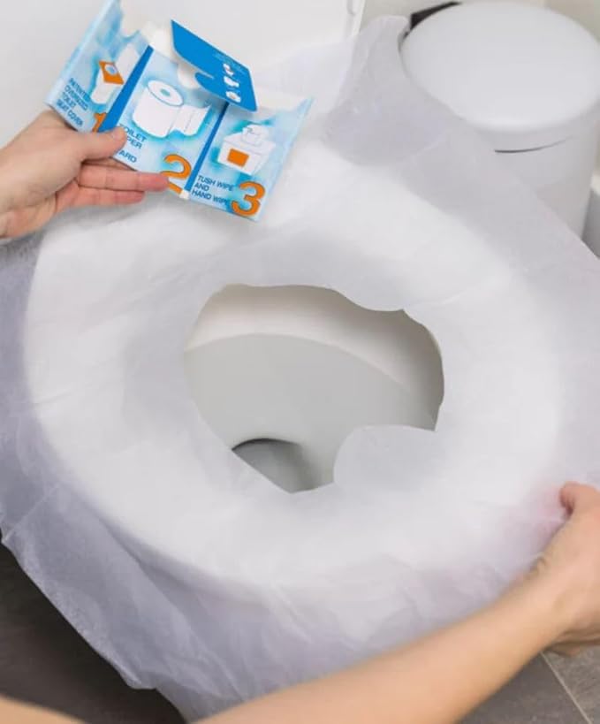 The Restroom Kit Great for travel (60-Pack) Portable Disposable Oversized Toilet Seat Cover, 3ft 3Ply Toilet Paper, Hand & Flushable Tush Wipe