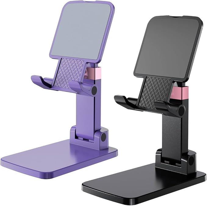 Phone Holder for Desk Cell Phone Holder Height Angle Adjustable Stands, Anti-Slip Base, Compact Design for iPhone Android Devices,Black,2Pack