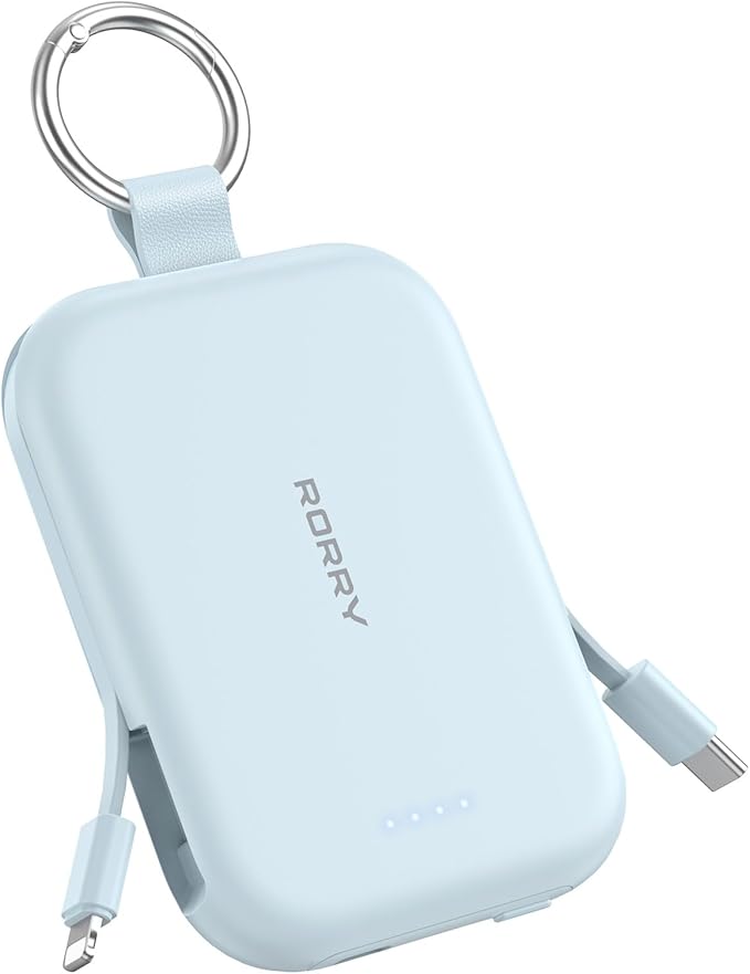 RORRY Portable Charger, 5000mAh Portable Charger Power Bank with Built-in Cables, Travel Keychain Charger Battery Pack for iPhone 17/16/15/14/13/12, for AirPods 2/3/4/Pro, Blue