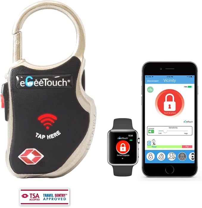 eGeeTouch Smart Travel Padlock with Patented Dual Access Technologies (NFC + BT), Vicinity Tracking, etc. (BLACK)