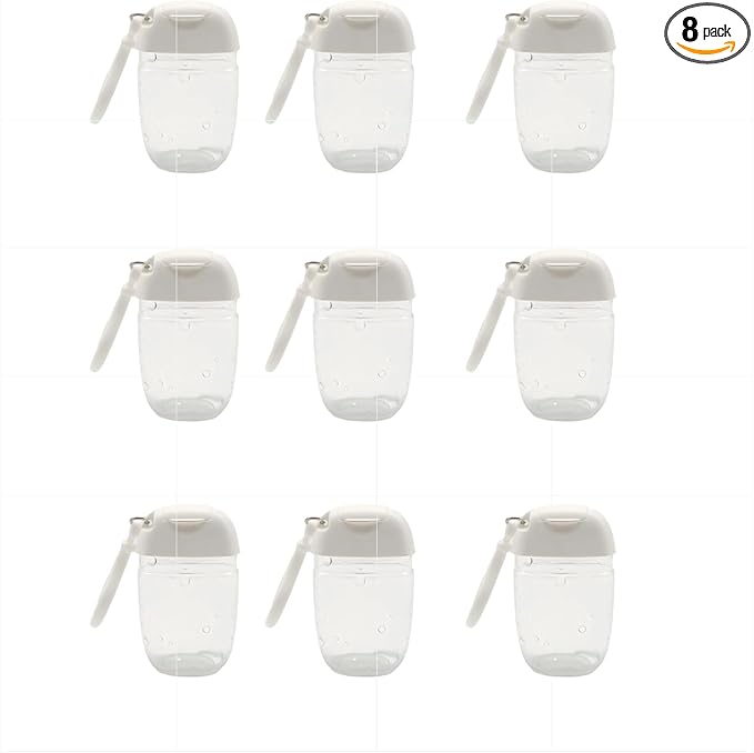 9 Pack 30ml Refillable Cosmetic Bottles | Empty Containers Mini Hand Sanitizer & Lotion Dispensers with Travel Hook, Clear Reusable Portable Pump for Liquids Creams - White Flip Cap Carrier