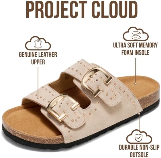 Project Cloud 100% Genuine Leather Flat Sandals For Women 2026 Cork Footbed Womens Sandals with Memory Foam and arch support Vacation Essentials Slides for Women Footwear (Venita)