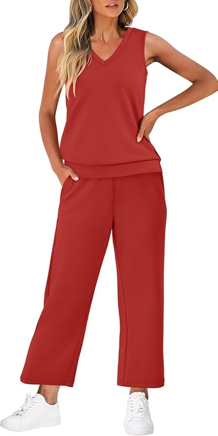 WIHOLL Two Piece Set for Women Summer Outfits Vacation Trendy Lounge Sets V Neck Matching Sets