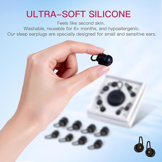 Ear Plugs for Sleeping, VOTTOUCC Side Sleeper Silicone Earplugs, Noise Reducing, Soft for Sensitive Ears, Reusable, 4 Pairs S/M/L with Case