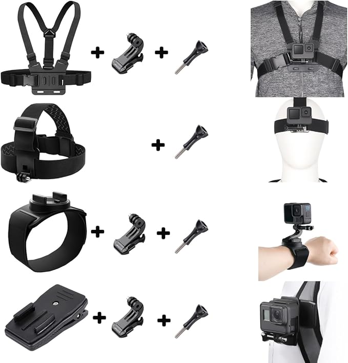 4 in 1 Camera Accessories Kit Head Strap, Chest Strap, Backpack Clip, Wrist Strap Mount Compatible with GoPro Hero 13 12 11 10 9 8 7 6 5 4, Session & Most Action Camera