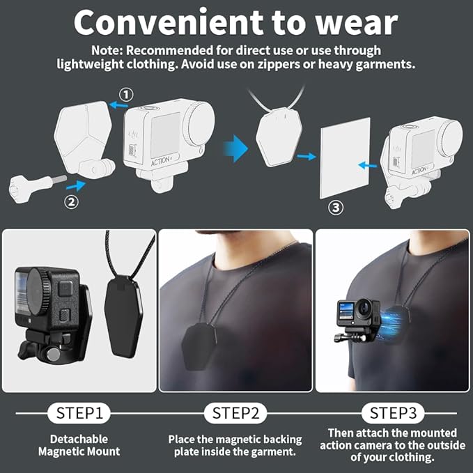 Magnetic Action Camera Chest Mount, Magnetic Neck Mount + Adjustable Neck Strap Lanyard Compatible with GoPro Hero 13/12/11/10/9/8 Black, DJI Action 6/5 Pro/4/3/2, AKASO, Insta360 and More