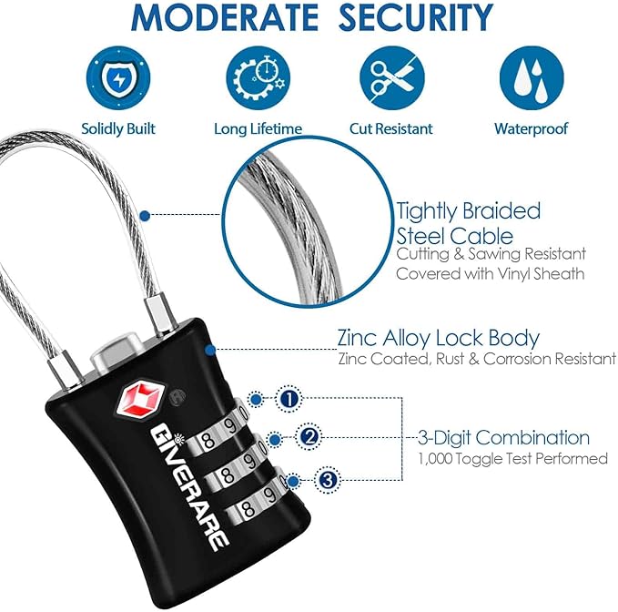 2 Pack TSA Approved Luggage Locks, Cable Suitcase Travel Lock Alloy, Set Your Own Combination Metal Zipper Padlock, 3-Digit Long Shackle Padlocks for Gym Locker, Golf Bag, Case Anti Theft-Black