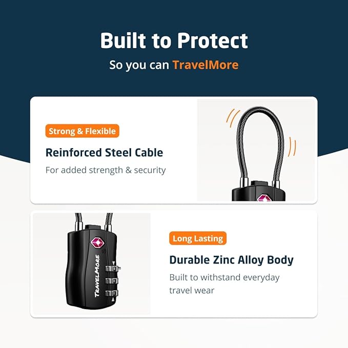 4 Pack TSA Approved Travel Combination Cable Luggage Locks for Suitcases & Backpacks - Black