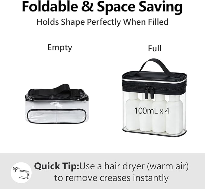 PACKISM TSA Approved Toiletry Bag 2 Pack - Quart Size Clear Makeup Bag with Handle & Dual Metal Zippers, Large Opening 3-1-1 Airline Compliant Security Travel Organizer for Carry On Liquids, Black