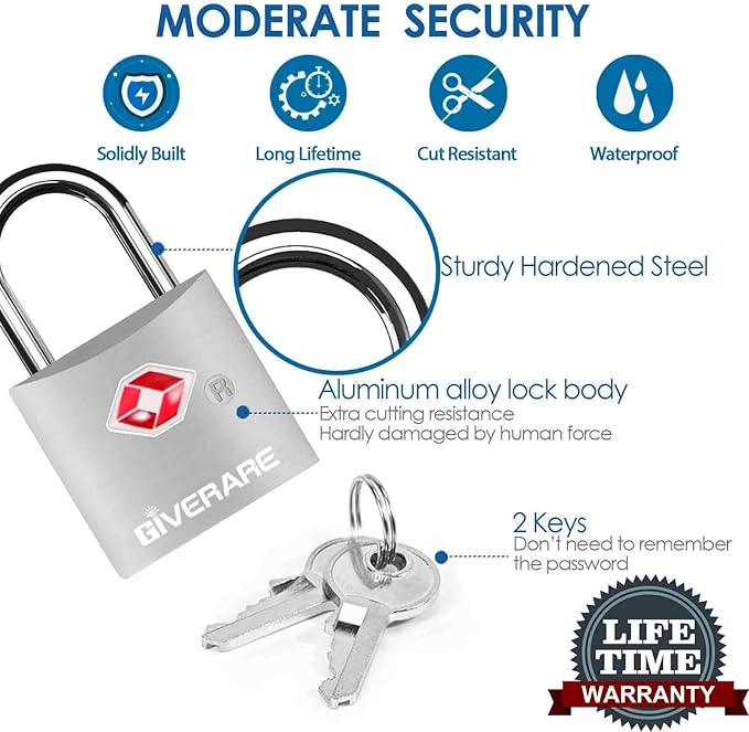 4 Pack TSA Approved Travel Luggage Locks with Keys, Aluminum Alloy Keyed Padlock, Small Metal Suitcase Lock, Weatherproof Padlocks for Backpack, Gym Locker, Bag, Case, Jewelry Box, Anti Theft-Silver