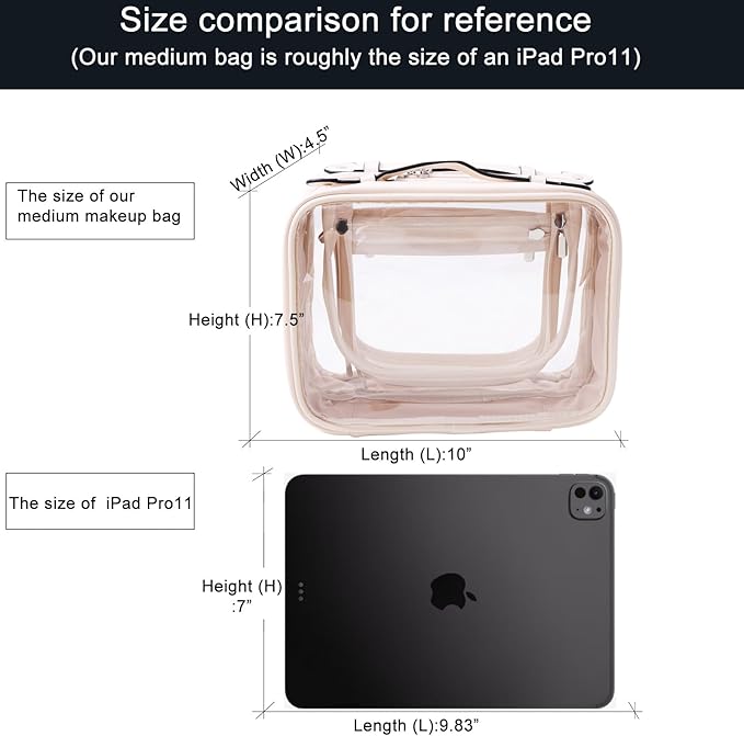 SANHECUN traveling toiletry case clear cosmetics case makeup bag Dimensions | LxWxH:10” x 4.5” x 7.5”(Beige, Medium)