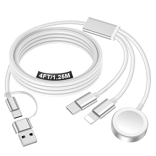Travel Essentials for Apple Watch Charger,iPhone Charger,3 in 2 Type C/Lightning/Magnetic Travel Charging Cable Docks,Multi Charging Cable Portable Designed for iWatch Series,iPhone 17-11,S26,Car-4FT
