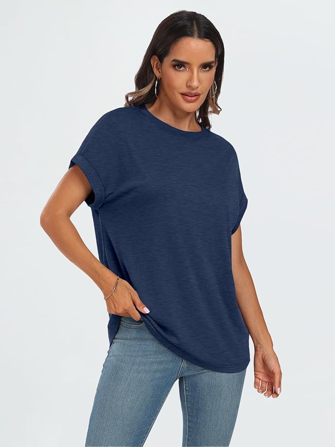 AUTOMET Women's Oversized Short Sleeve T Shirts Casual Drop Shoulder Rolled Cuff Summer Tops for Work, Travel and Lounge