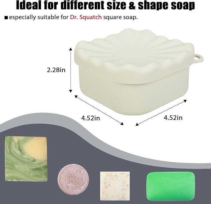 Travel Soap Case, Square Silicone Travel Soap Container, Leakproof Soap Holder with Lid, Shatterproof Shampoo Bar Holder for Bathroom, Gym, Camp(Off White)