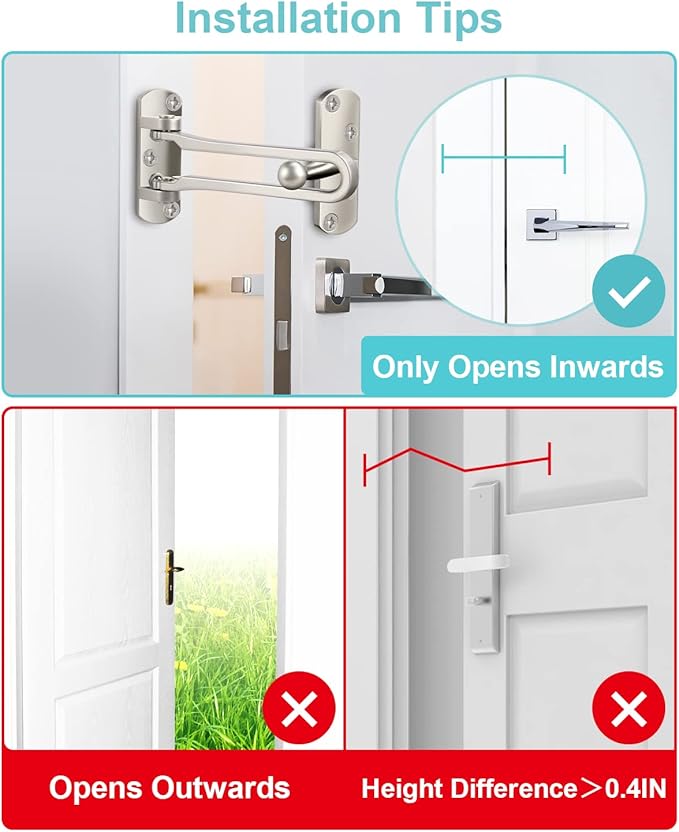 Door Lock Latch for Home Security - 2 Swing Bar Door Guard for Front and Inside Door, Safety Childproof Reinforcement Door Stopper for Kids Home Hotel Apartment, Thicken Aluminium Alloy Satin Nickel