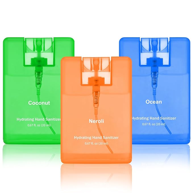 Set of 3 Power Mist Hydrating Hand Sanitizer Spray Bulk Travel Size Quick-drying Hand Sanitizer 0.67 Fl. oz Compact Card Spray Bottle Neroli Ocean Coconut Scent for Adults Summer Party Supplies