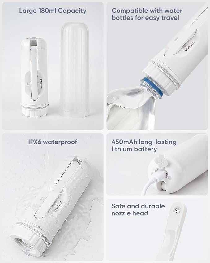 Portable Bidet for Travel, Multi- Bottle Compatible Handheld Bidet, 3 Water Pressure Modes, 180°Adjustable Nozzle, IPX6 Waterproof, White