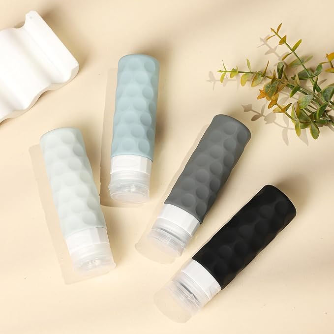 Silevoler Travel Bottles for Toiletries, 4pcs Tsa Approved 3oz Travel Size Containers, BPA Free Leak Proof Premium Silicone Bottles, Refillable Liquid Squeezable Accessories W/Toiletry Bag