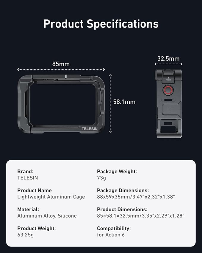 TELESIN Aluminum Alloy Protective Frame Case for DJI Osmo Action 6 Camera, Quick-Release Metal Rabbit Cage Protective Frame Housing Sleeve with 1/4" Screw and Cold Shoe (Cage + Lens Cap)