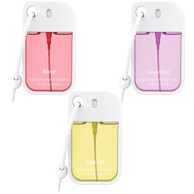 Set of 3 Power Mist Hydrating Hand Sanitizer Spray Bulk with Keychain Travel Size Refreshing Hand Sanitizer 1.35 Fl. oz Compact Card Spray Bottle Rose Lavender Vanilla Scent for Friends Gifts