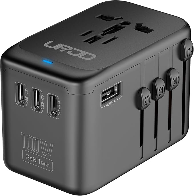 Universal Travel Adapter 100W GaN Fast Charger in One, 5 USB Ports & 2500W AC Outlet, International Power Adapter for Europe UK US 200+ Countries, Compatible for MacBook iPhone iPads Laptop Phone