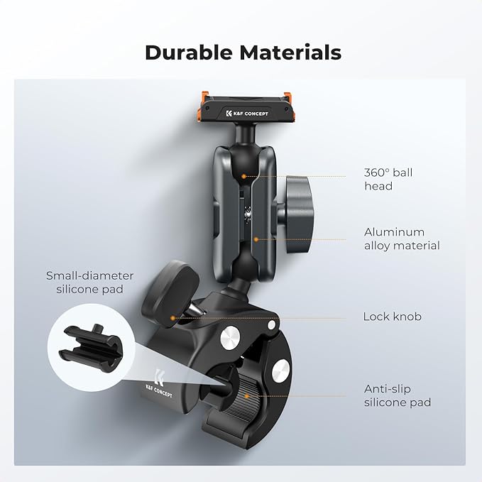 K&F CONCEPT Super Clamp Camera Mount with 360° Dual Ball Head, Bike/Motorcycle Handlebar Tube Mount Quick Release Compatible with Action 5 Pro/4/3