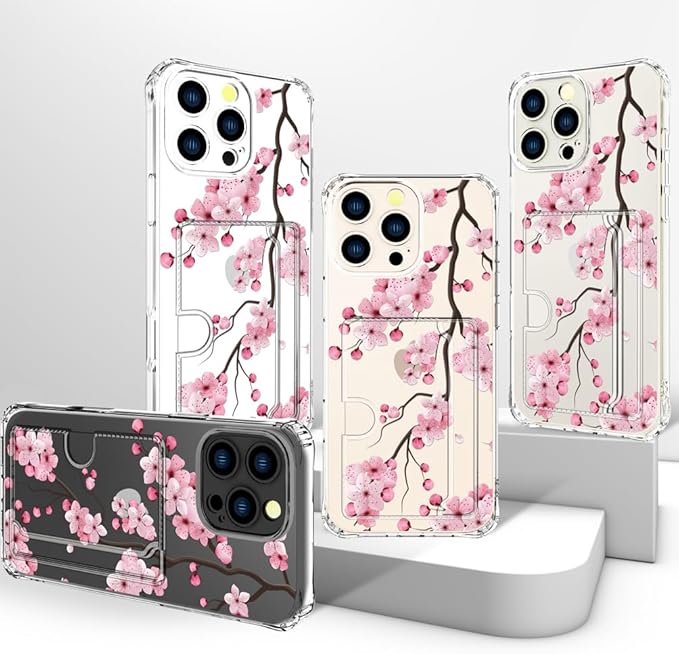 Compatible with iPhone 16 Pro Case Card Holder for Women Cute Design,Wallet Phone Cases Transparent Cool Kawaii Protective (Clear Sakura Peach Cherry)