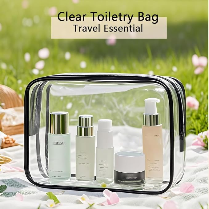 TRODANCE Clear Toiletry Bag, 2 Packs TSA Approved Water resistant Travel Organizer, Airport Airline Travel Essential Carry On Makeup Cosmetic Bags for Women, Black - 2 packs