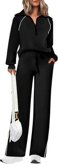 PRETTYGARDEN Women's 2 Piece Outfits Casual Lapel Half Zip Sweatshirts and Wide Leg Pants Tracksuit Sets