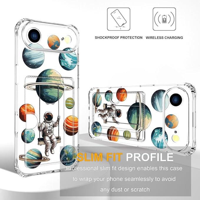 Compatible with iPhone 17 Air Case Card Holder for Women Cute Design,Wallet Phone Cases Transparent Cool Kawaii Protective (Clear Astronaut Space Planets)