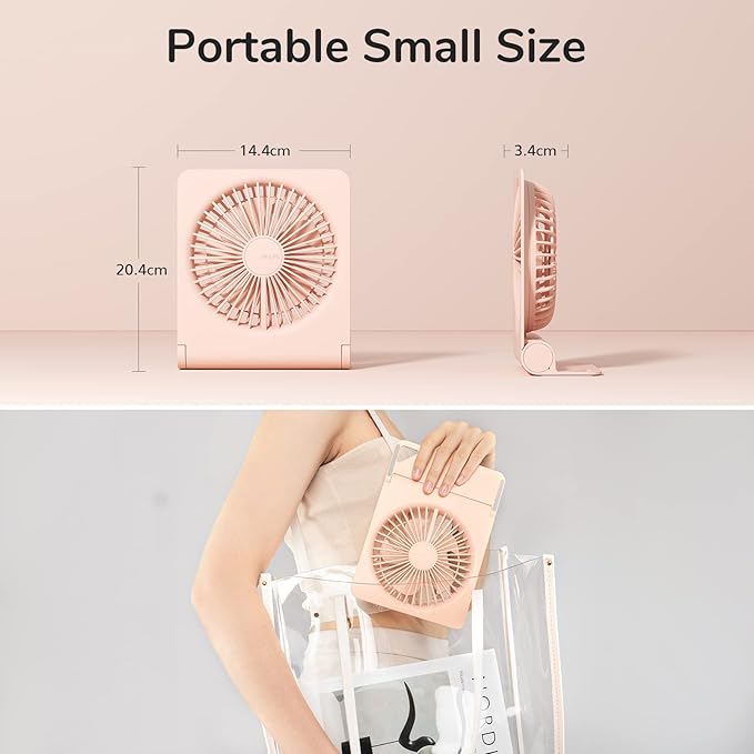 JISULIFE Small Desk Fan, Portable USB Rechargeable Fan, 160° Tilt Folding Personal Mini Fan with 4500mAh Battery, Strong Wind, Ultra Quiet, 4 Speed Modes for Office, Home, Camping - Pink