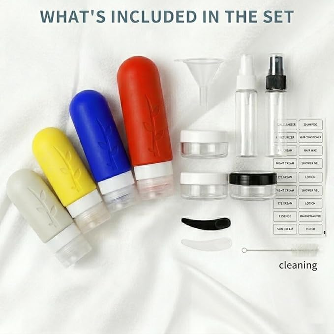 DEPOZA Travel Bottles Kit (16 Pack) - TSA Approved, Leak Proof Silicone Squeezable Containers for Toiletries. Complete Set with Jars, Sprayers & Bag (Fluorescent)