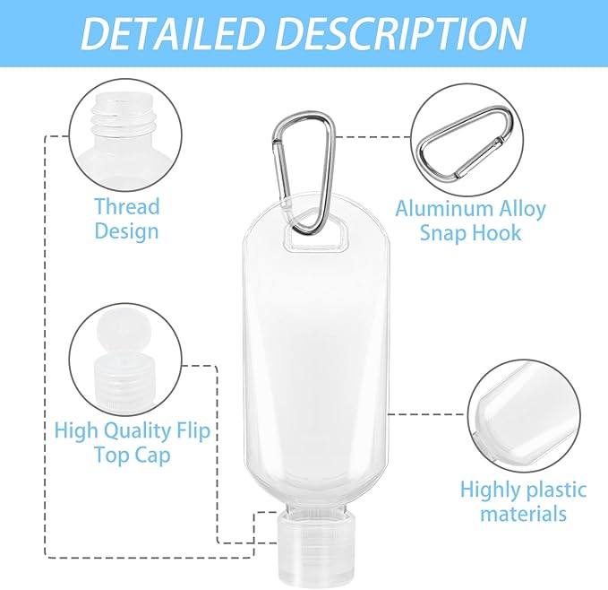 6 Pack Refillable Travel Plastic Bottles Containers, Hand Sanitizer Travel Size Holder with Empty Bottles Case Keychain Carrier, Leak Proof Portable Bottle for Kids & Adult (50ml/1.7oz)