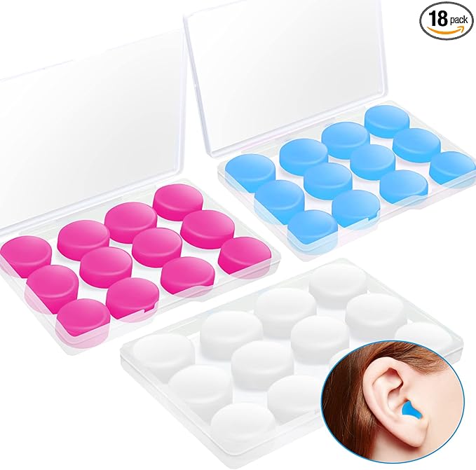 18 Pairs Noise Cancelling Ear Plugs for Sleeping, Swimming, Concerts, Snoring, Airplanes, Travel, Work, Studying - Soft, Reusable, Moldable Silicone with Case
