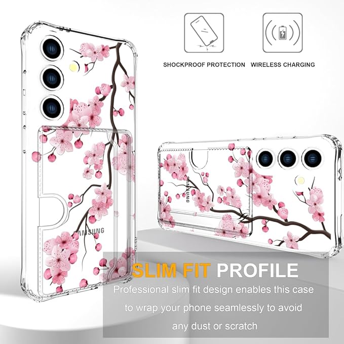 Compatible with Samsung Galaxy S24+ Plus / S25+ Plus Case Card Holder for Women Cute Design,Wallet Phone Cases Transparent Cool Kawaii Protective (Clear Sakura Peach Cherry)