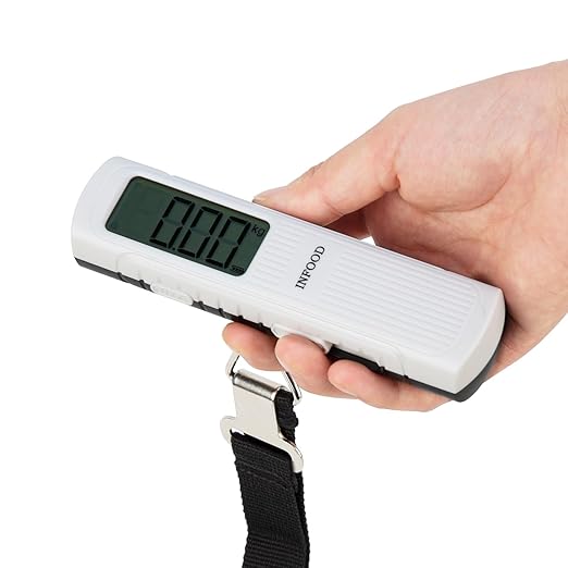 INFOOD Battery-Free Digital Luggage Scale, Suitcase Scale for Travel, Portable Luggage Weight Scale with Hook & LCD Display for Luggages, Packages & Bags, 110lb/50kg Handheld Scale, White