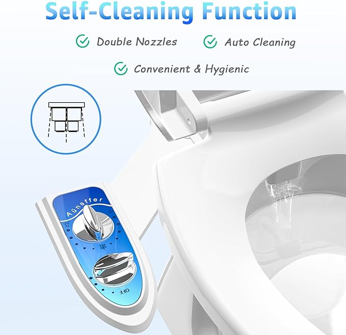 Aünsffer Bidet Attachment for Toilet, Non-Electric Fresh Cold Water, Toilet Bidet with Dual Nozzles Sprayer, Adjustable Water Pressure Control, 3 Modes Wash (Feminine/Bidet Wash + Self-Cleaning)