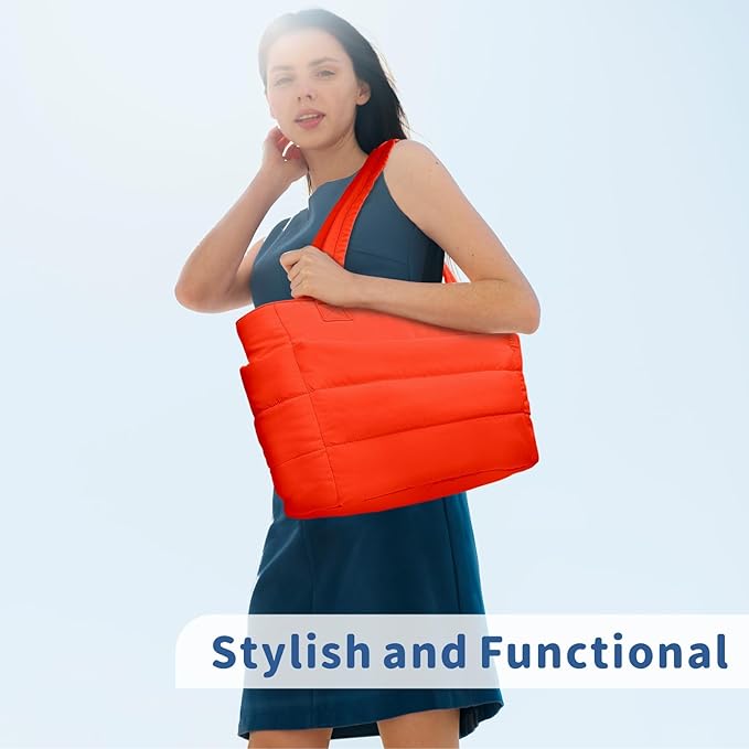 TOPDesign Puffer Tote Bag for Women, Lightweight Puffy Handbag with Compartments, Quilted Shoulder Bag for Work, Travel, Gym