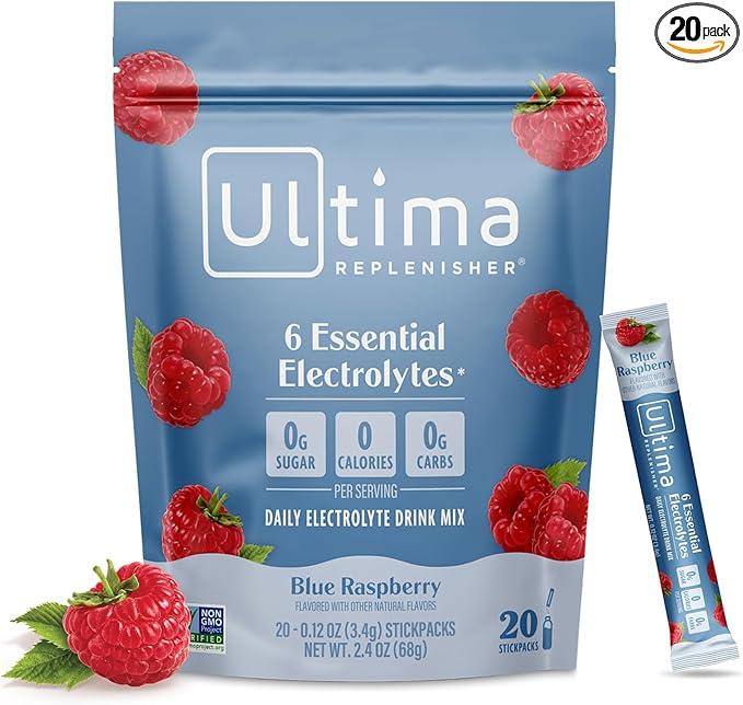 Ultima Replenisher Daily Electrolyte Powder – Blue Raspberry, 20 Stickpacks – Zero Sugar Hydration Packets with 6 Electrolytes and Minerals – Sugar Free, Plant Based & Keto Friendly Drink Mix | Daily Electrolyte, Hydration Packets, 6 Electrolytes, Trac...