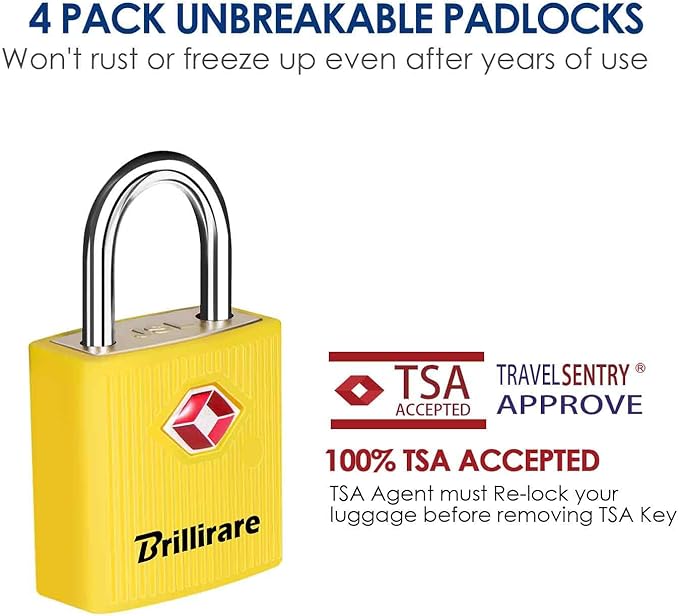 4 Pack TSA Approved Luggage Locks with Keys, Travel Padlock, Zinc Alloy Waterproof Keyed Lock, TSA Outdoor Metal Lock for Lockers, Bags, Backpack, Gym, Gate-Yellow