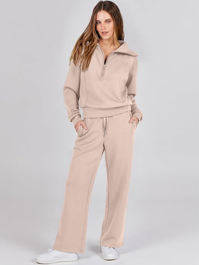 ANRABESS Women 2 Piece Outfits 2025 Fall Fashion Airport Wide Leg Pants Lounge Set Leisure Travel Vacation Clothes Sweatsuits