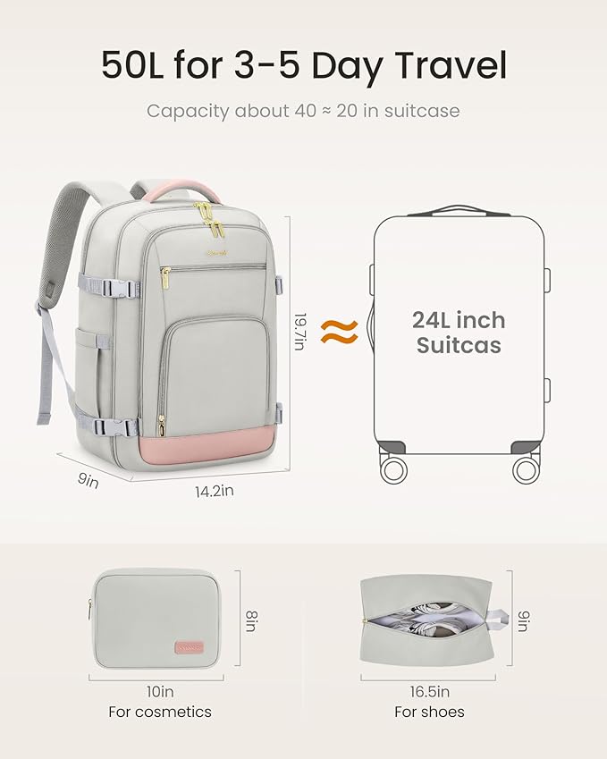 LOVEVOOK Travel Backpack for Women, 50L Carry On Backpack Flight Approved with Garment Bag, TSA Personal Item Travel Bag Fit 17 Inch Laptop, Business Weekender Waterproof Daypack With 2 Cubes, Black