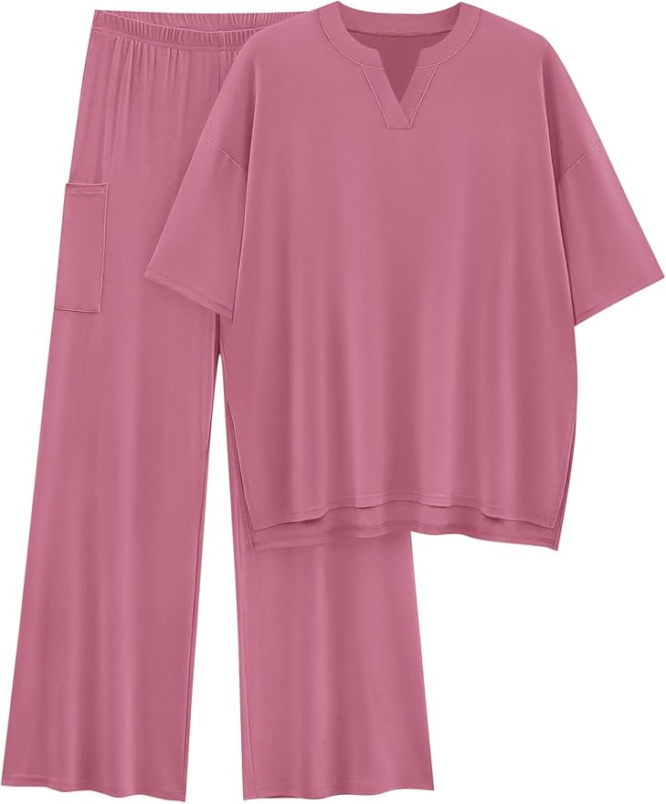 KIRUNDO Womens 2 Piece Matching Lounge Set Airport Travel Vacation Summer Outfits Oversized Short Sleeve Tops Wide Leg Pants