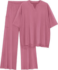KIRUNDO Womens 2 Piece Matching Lounge Set Airport Travel Vacation Summer Outfits Oversized Short Sleeve Tops Wide Leg Pants