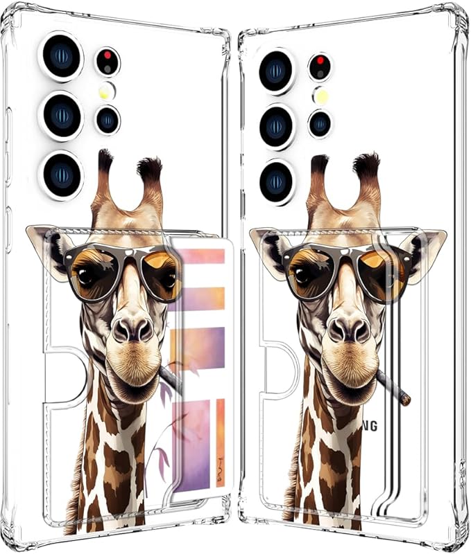 Compatible with Samsung Galaxy S24 Ultra Case Card Holder for Women Cute Design,Wallet Phone Cases Transparent Cool Kawaii Protective (Clear Giraffe Smoking Animal)